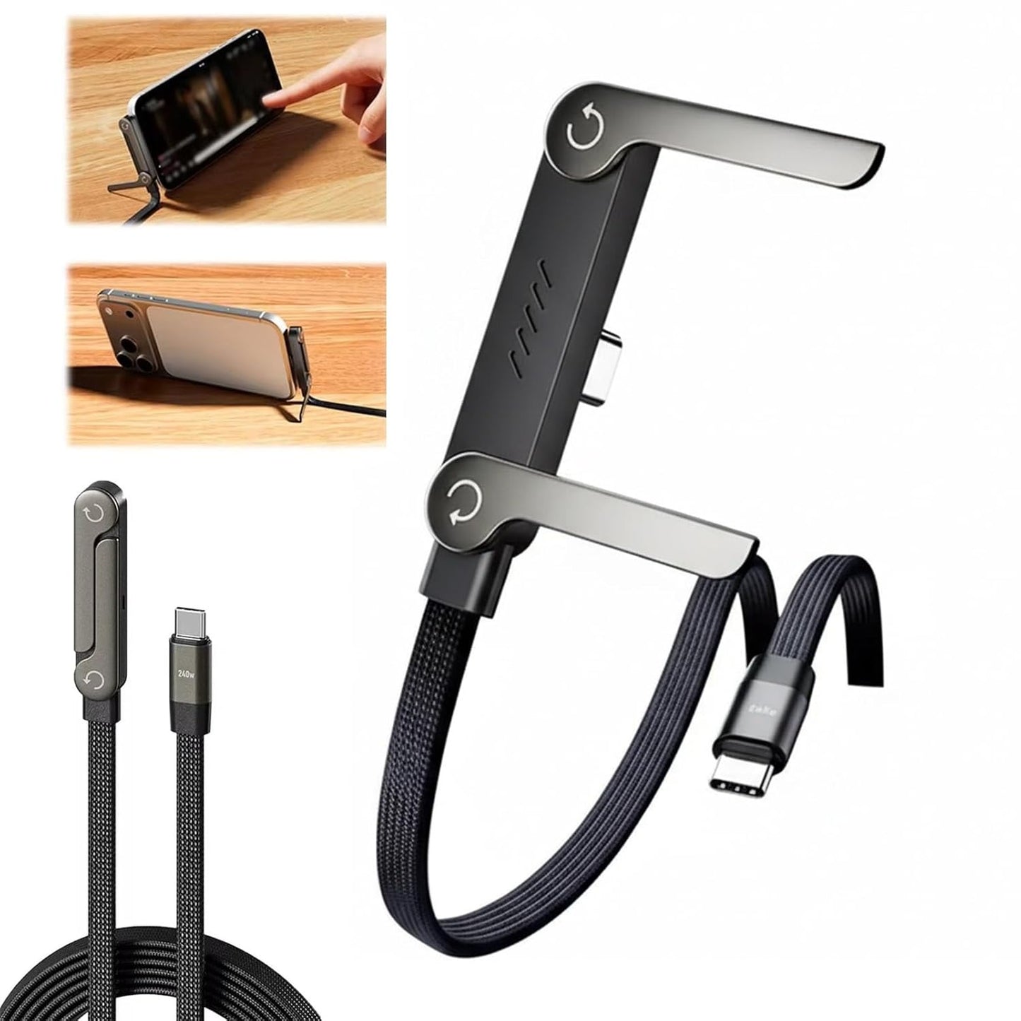240W Type C Charging Cable with Built-in Phone Stand