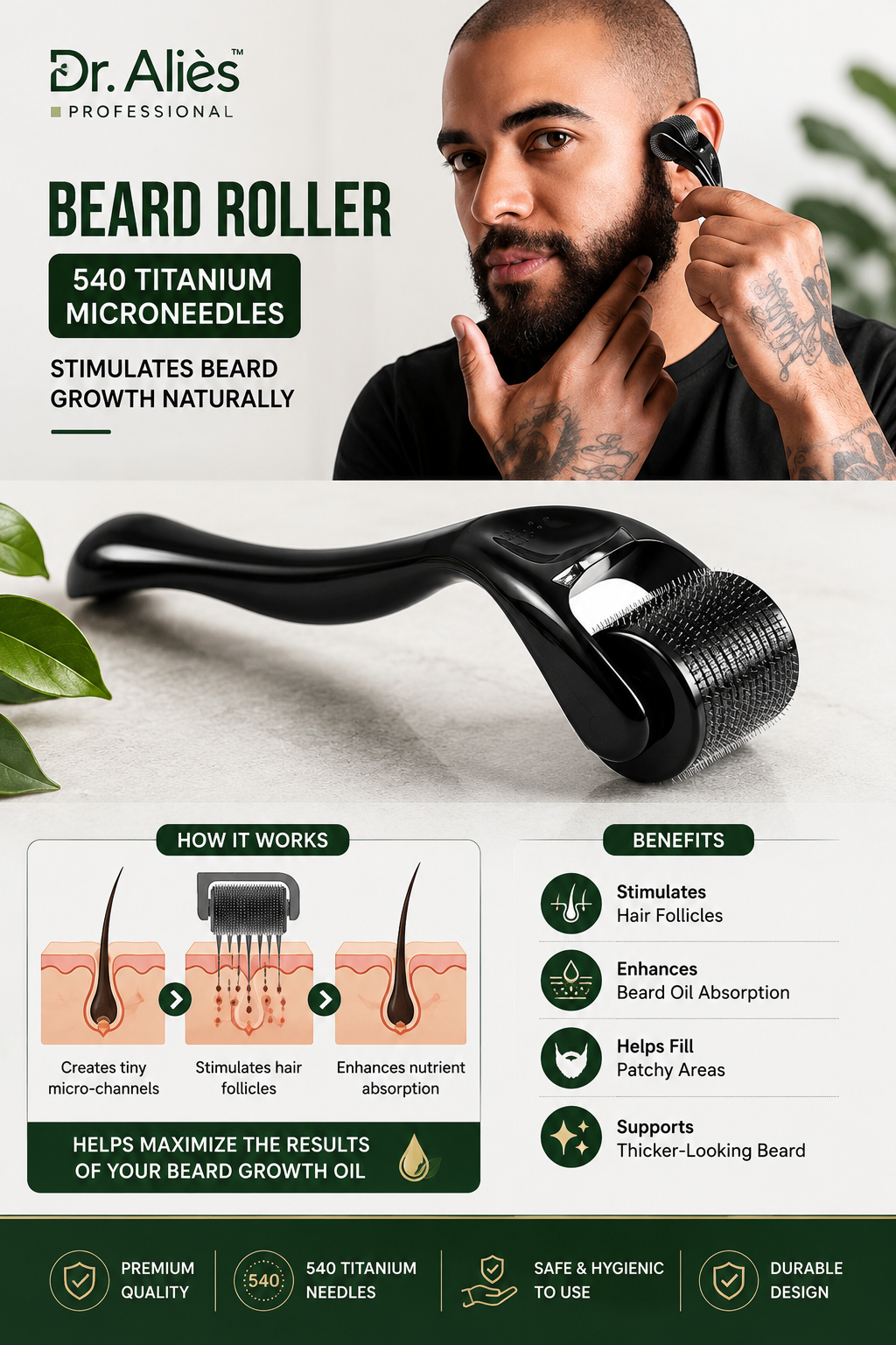 Dr. Aliès Beard Growth Kit – Beard Growth Oil + Derma Roller | Fuller & Thicker Beard